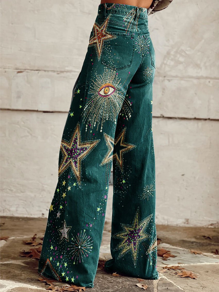 Jessamine - Vintage Print Casual Trousers with Wide Legs