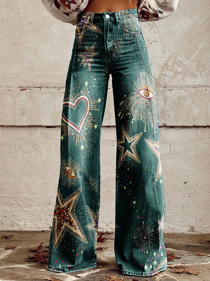 Jessamine - Vintage Print Casual Trousers with Wide Legs